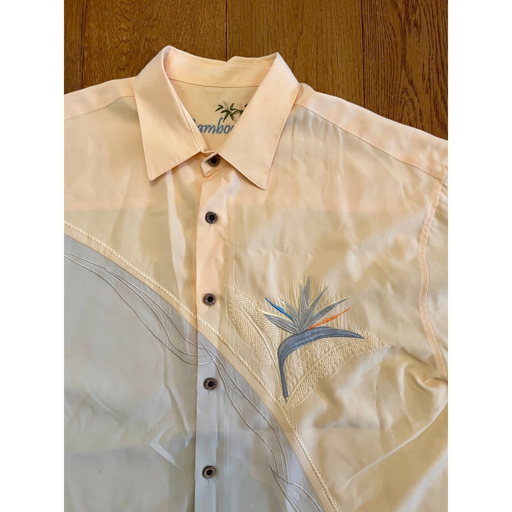 Bamboo Cay Camp Shirt Mens XL Yellow Blue Excellent Bird of Paradise Floral